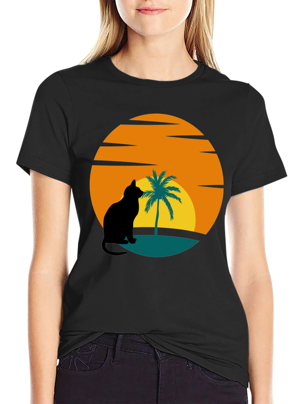 Sunset Cat Palm Tree Black T-Shirt