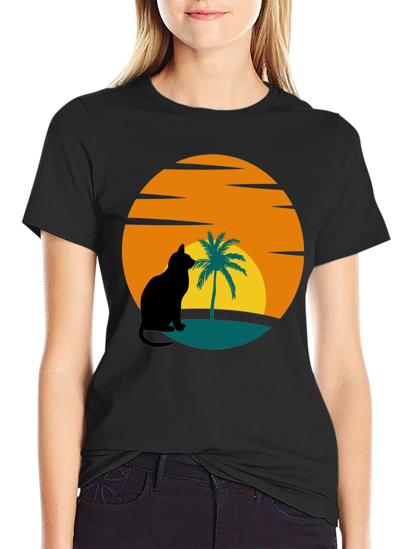 Sunset Cat Palm Tree Black T-Shirt