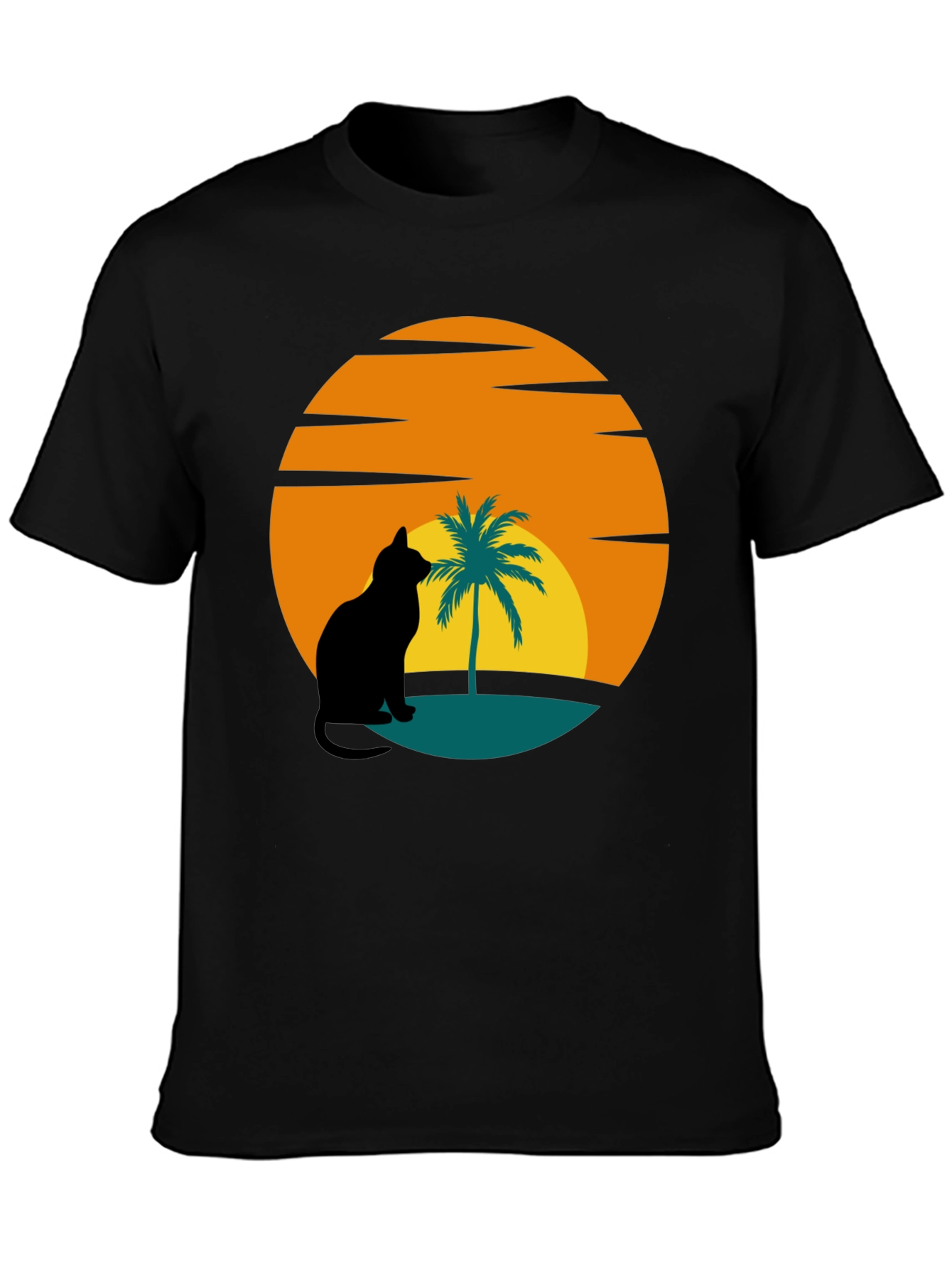 Sunset Cat Palm Tree Black T-Shirt