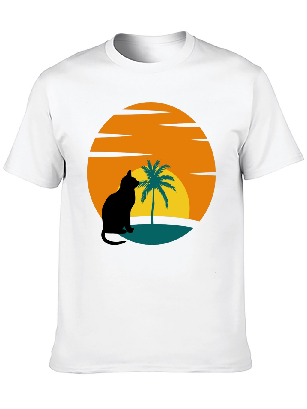 Sunset Cat Palm Tree Black T-Shirt