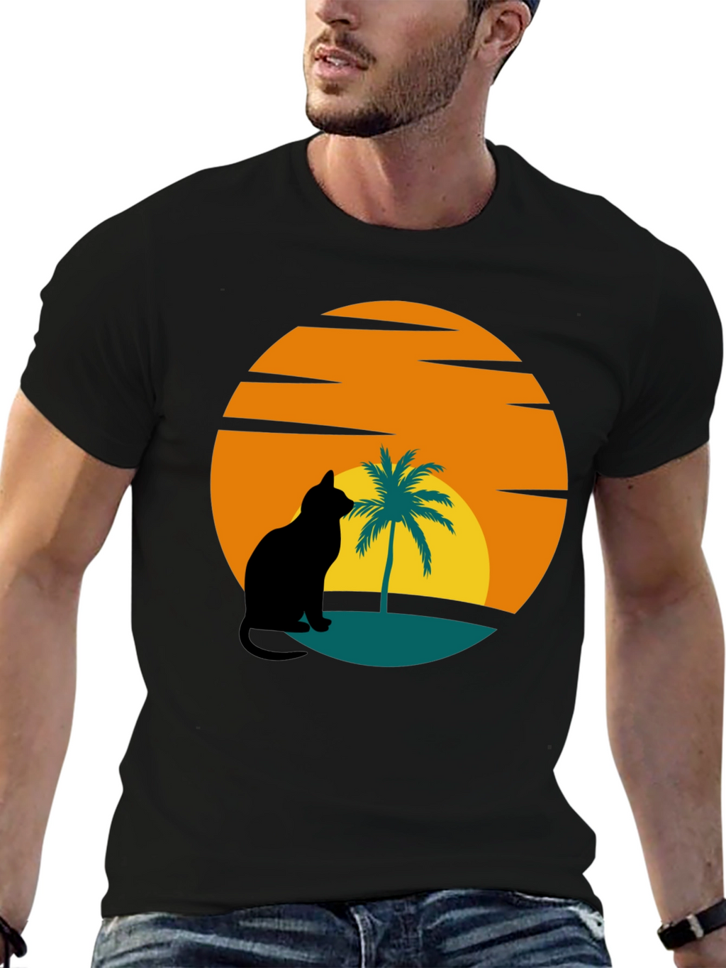 Sunset Cat Palm Tree Black T-Shirt