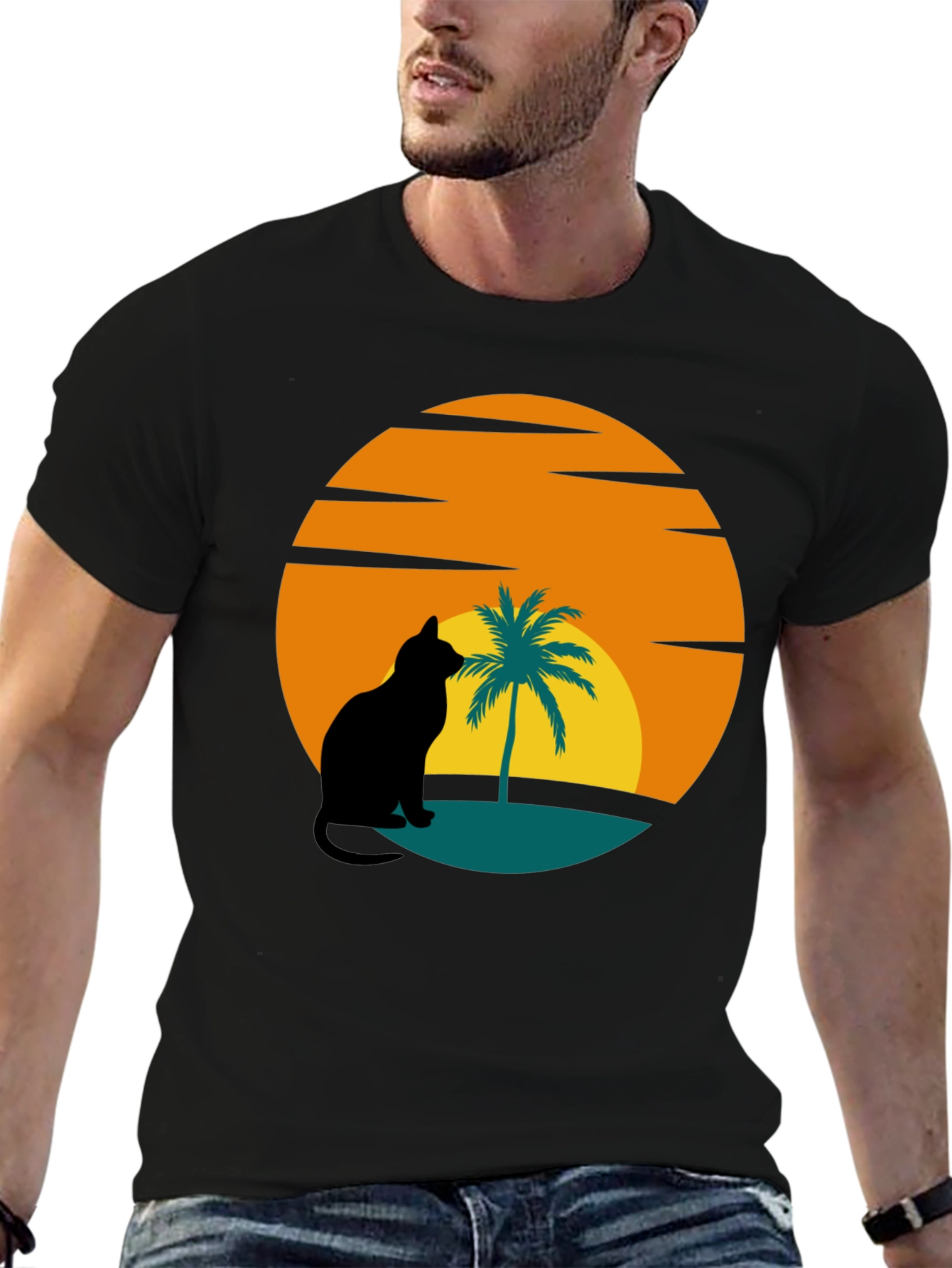 Sunset Cat Palm Tree Black T-Shirt