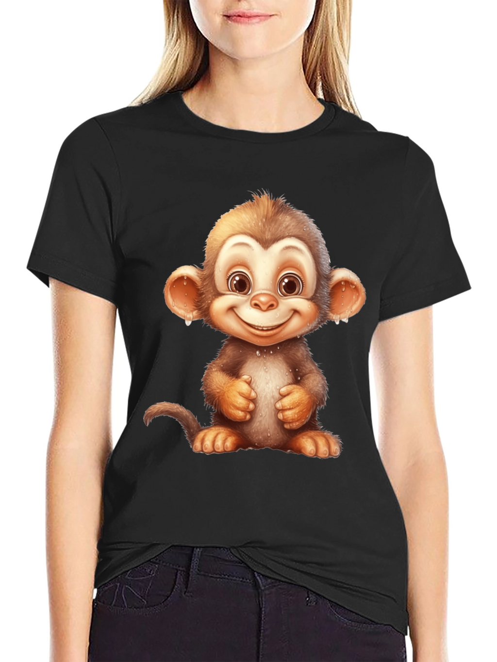 Cartoon Monkey Graphic Tee - Fun Black T-Shirt