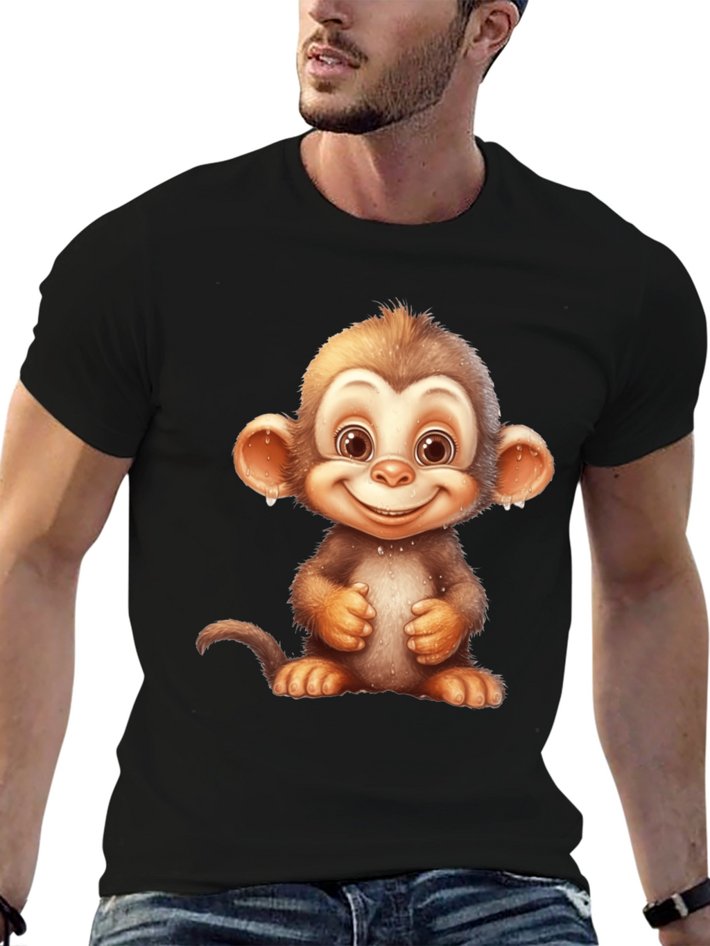 Cartoon Monkey Graphic Tee - Fun Black T-Shirt