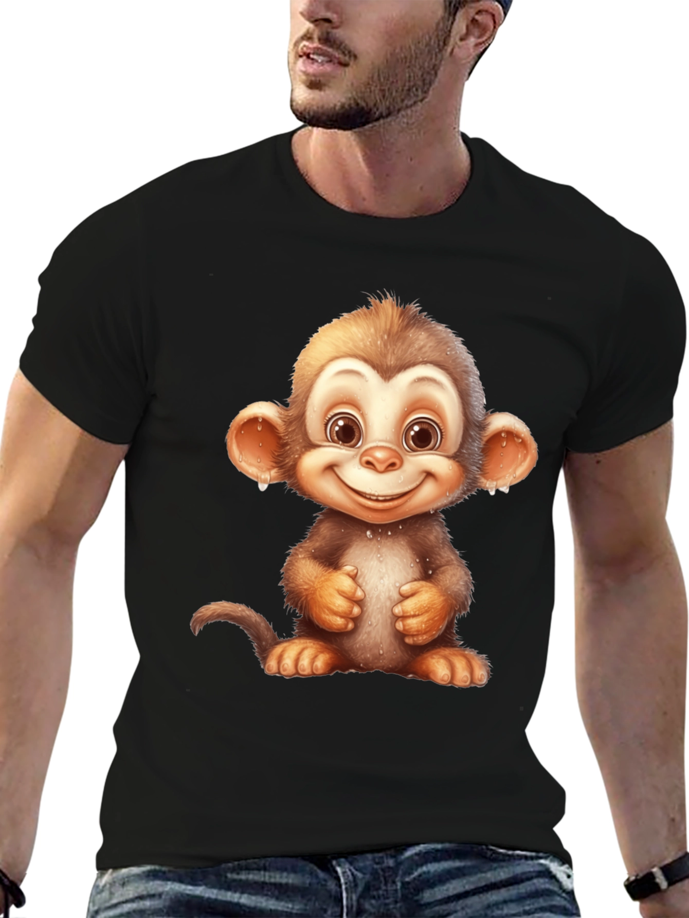 Cartoon Monkey Graphic Tee - Fun Black T-Shirt