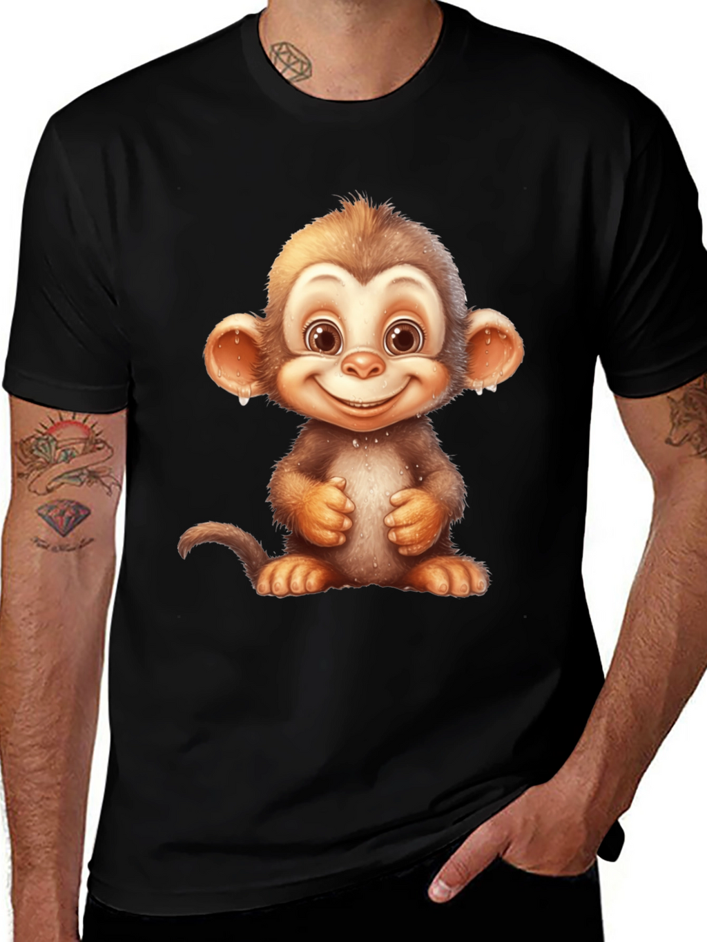Cartoon Monkey Graphic Tee - Fun Black T-Shirt