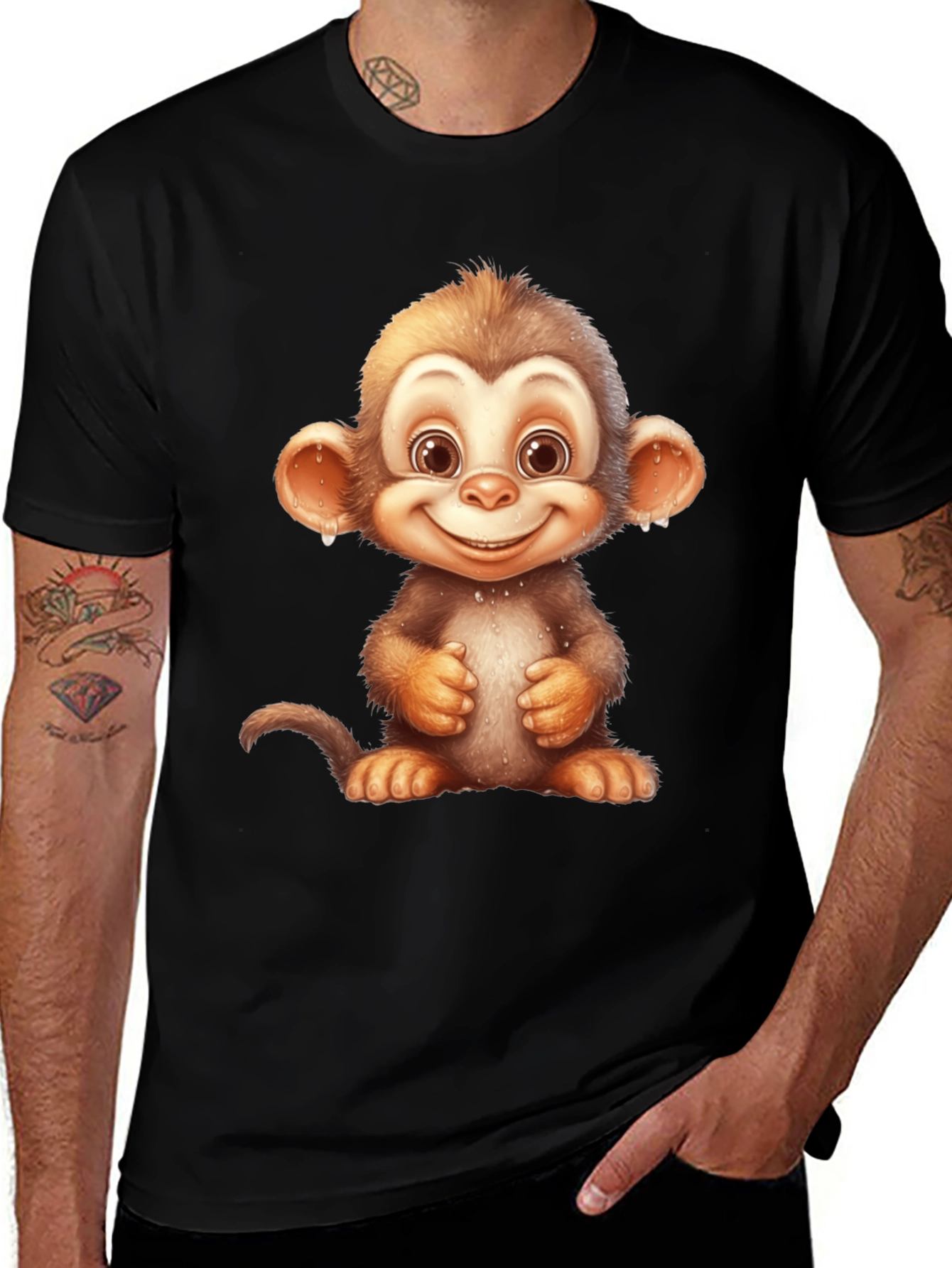 Cartoon Monkey Graphic Tee - Fun Black T-Shirt