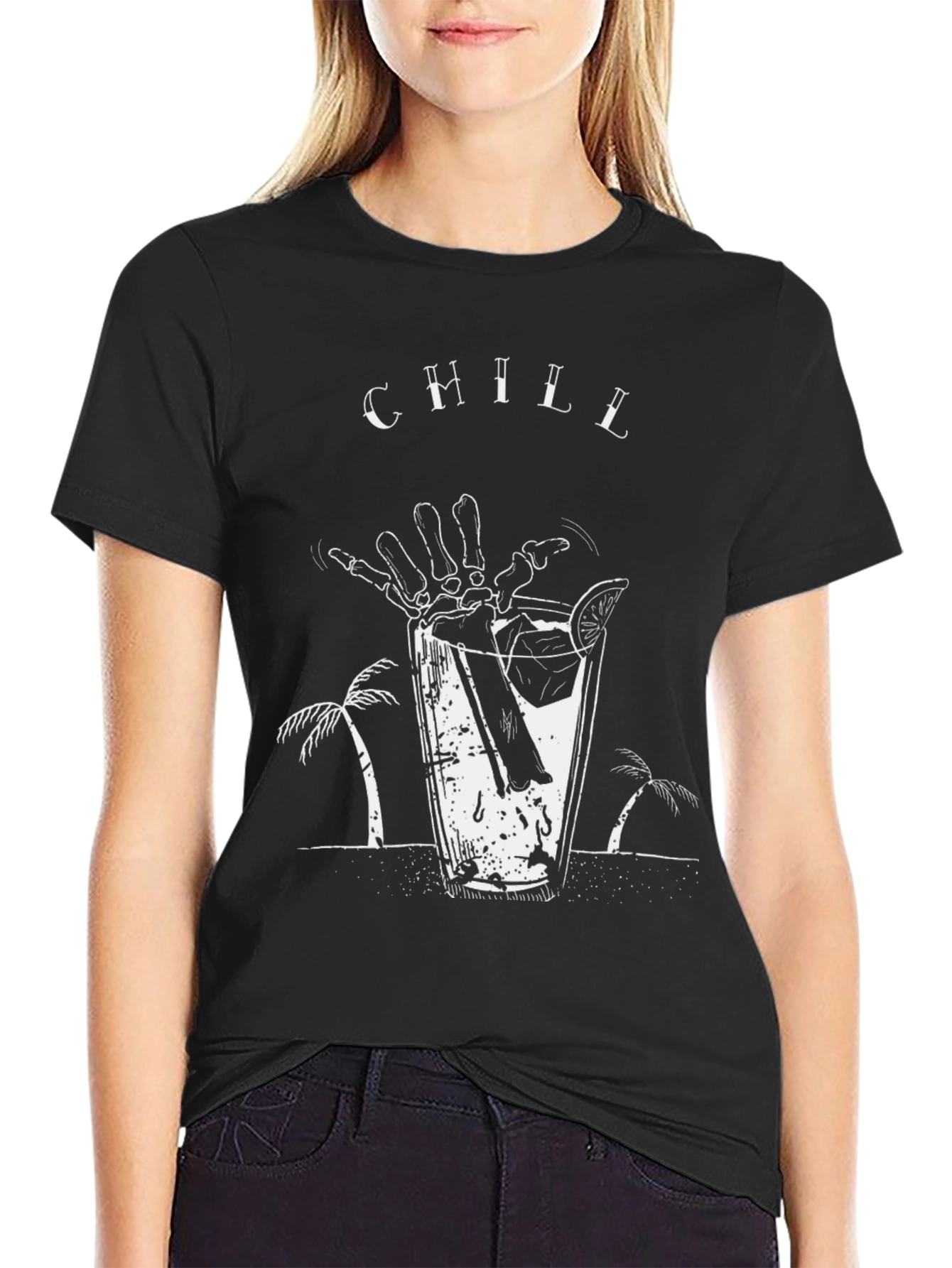 Chill Skeleton Cocktail Graphic T-Shirt