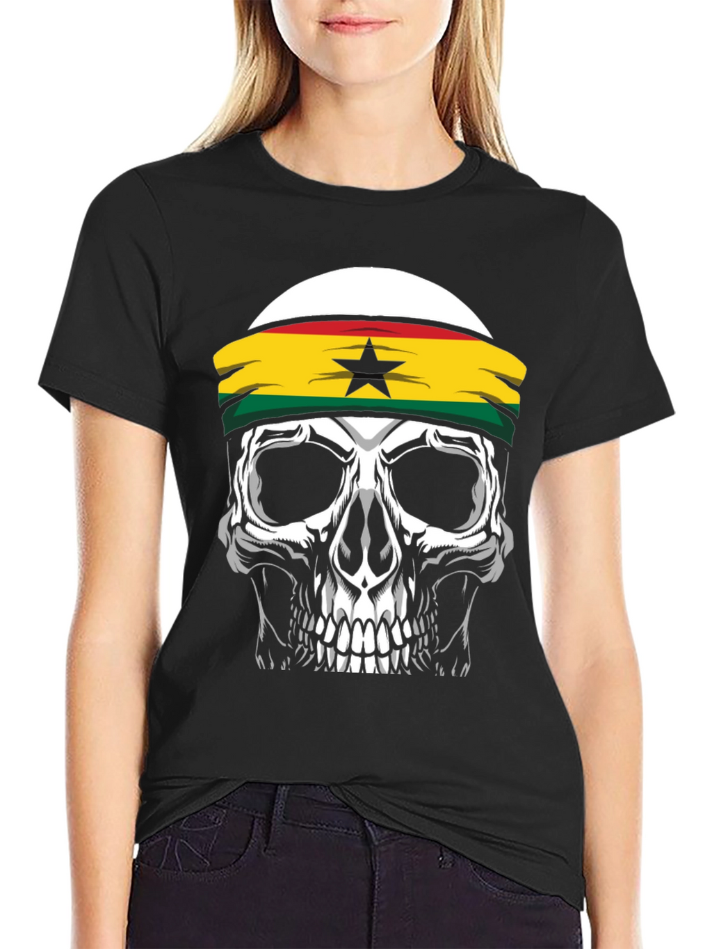 Skull Ghana Flag Headband Black T-Shirt