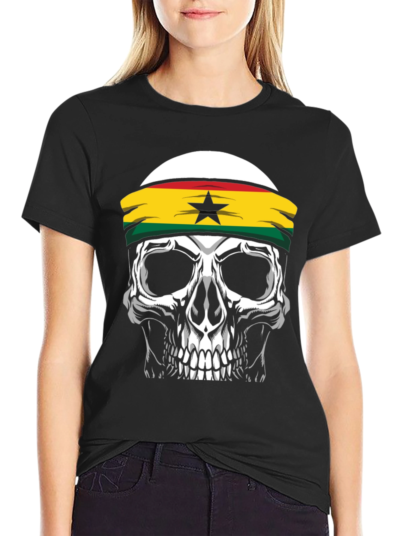 Skull Ghana Flag Headband Black T-Shirt