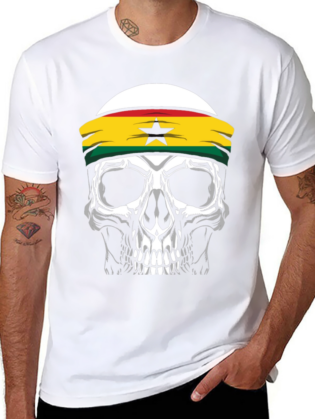 Skull Ghana Flag Headband Black T-Shirt