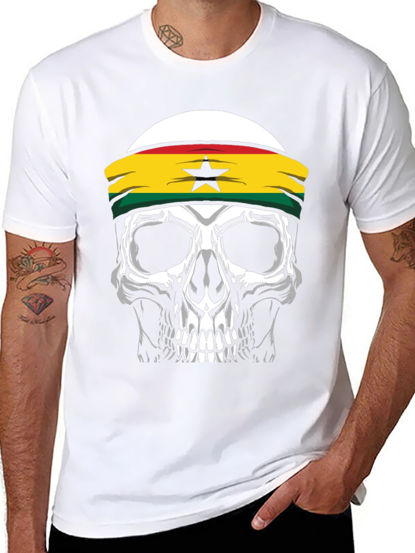 Skull Ghana Flag Headband Black T-Shirt