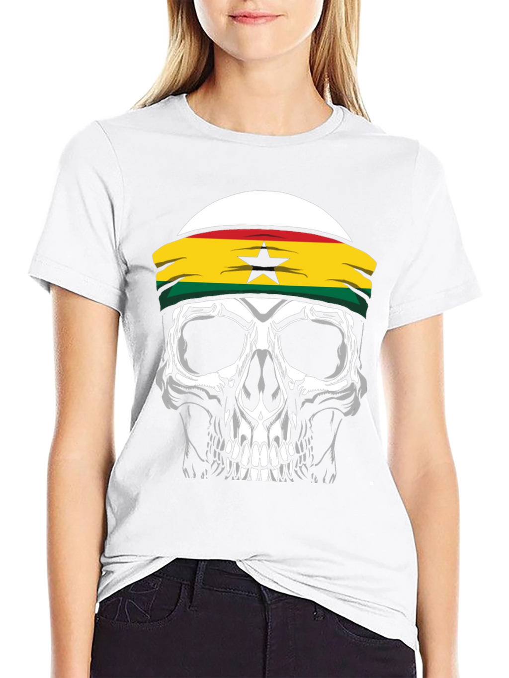 Skull Ghana Flag Headband Black T-Shirt