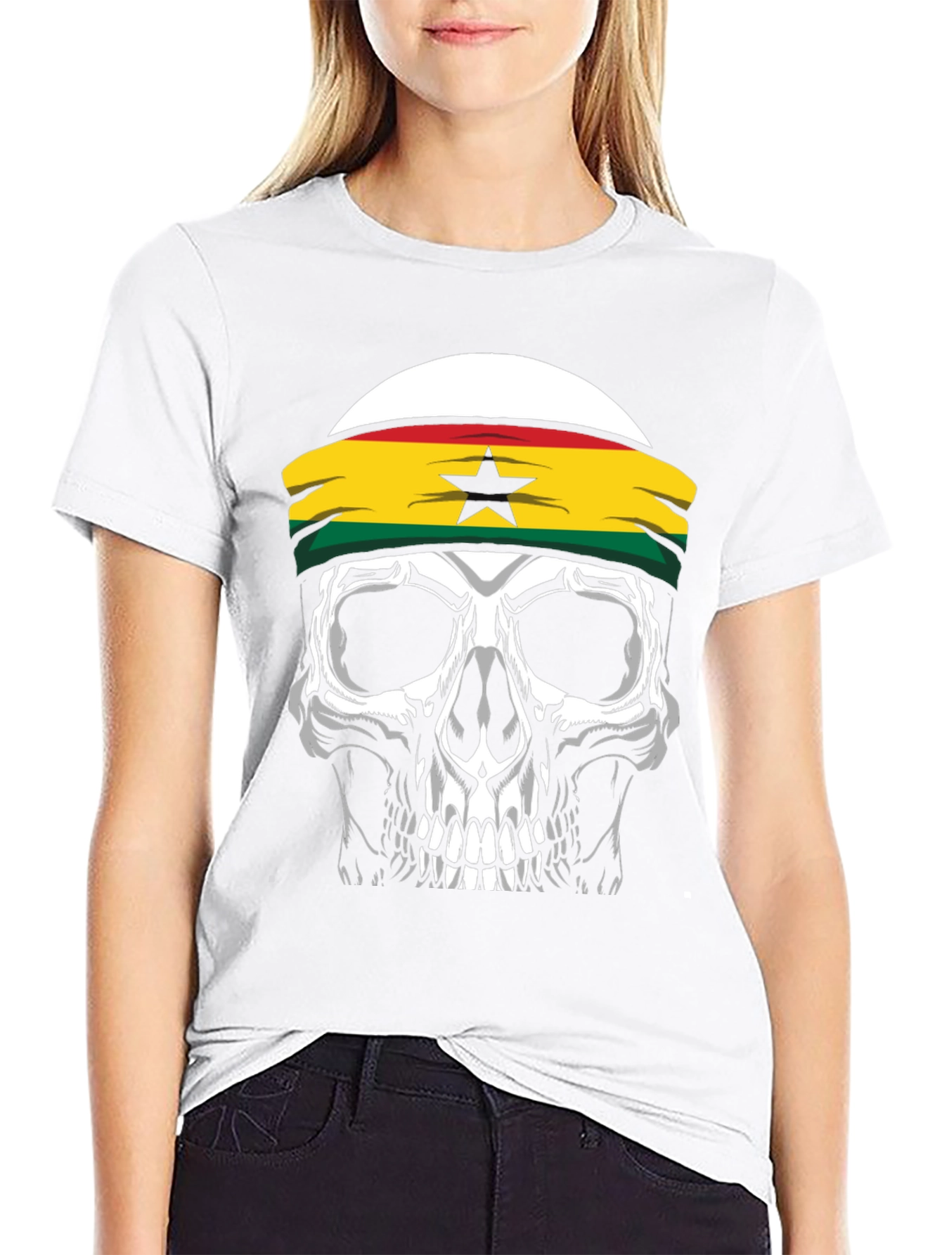 Skull Ghana Flag Headband Black T-Shirt