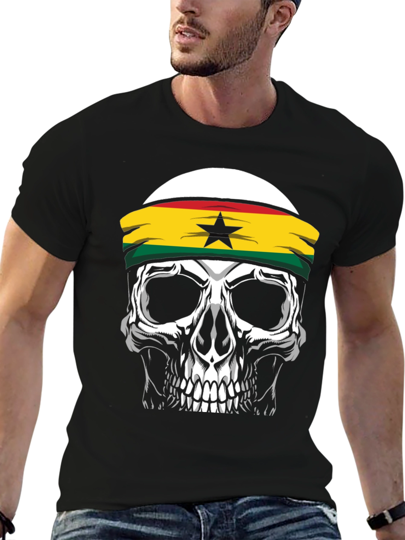 Skull Ghana Flag Headband Black T-Shirt