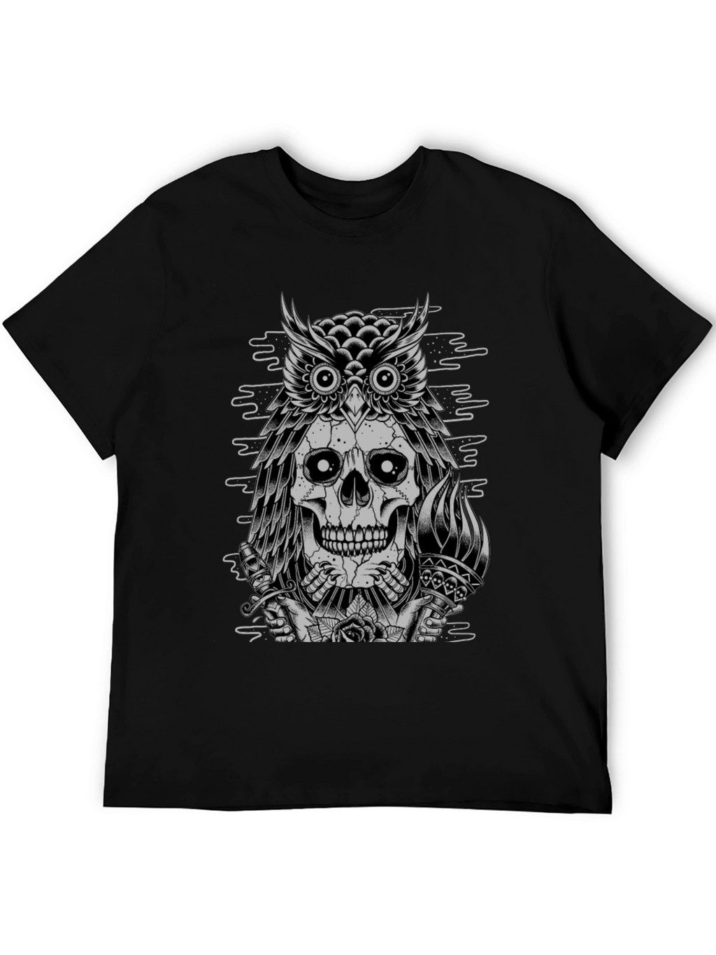 Skull Owl Graphic Print Crew Neck T-Shirt