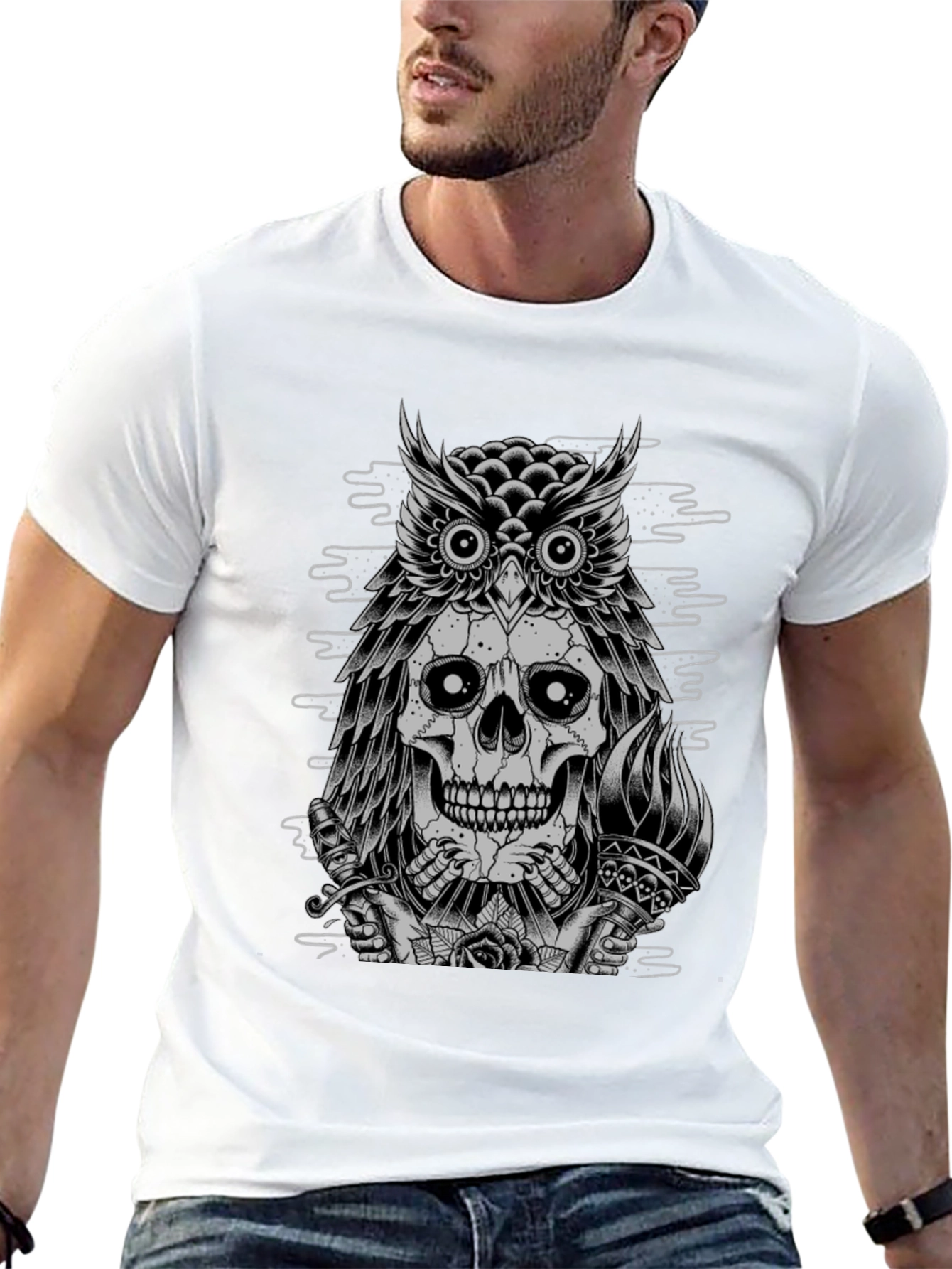 Skull Owl Graphic Print Crew Neck T-Shirt