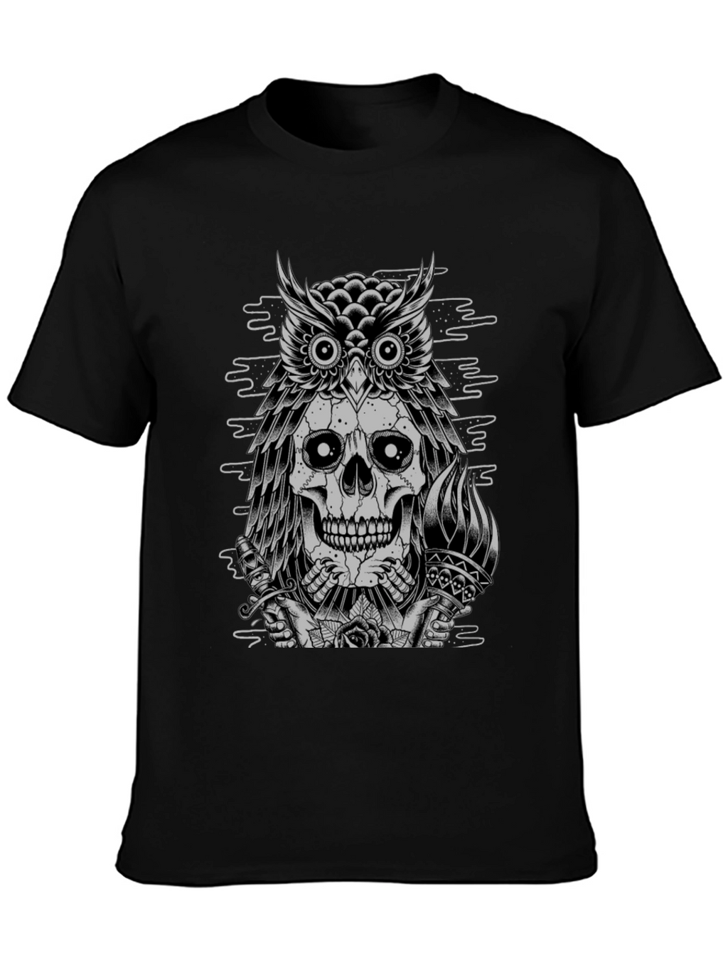Skull Owl Graphic Print Crew Neck T-Shirt