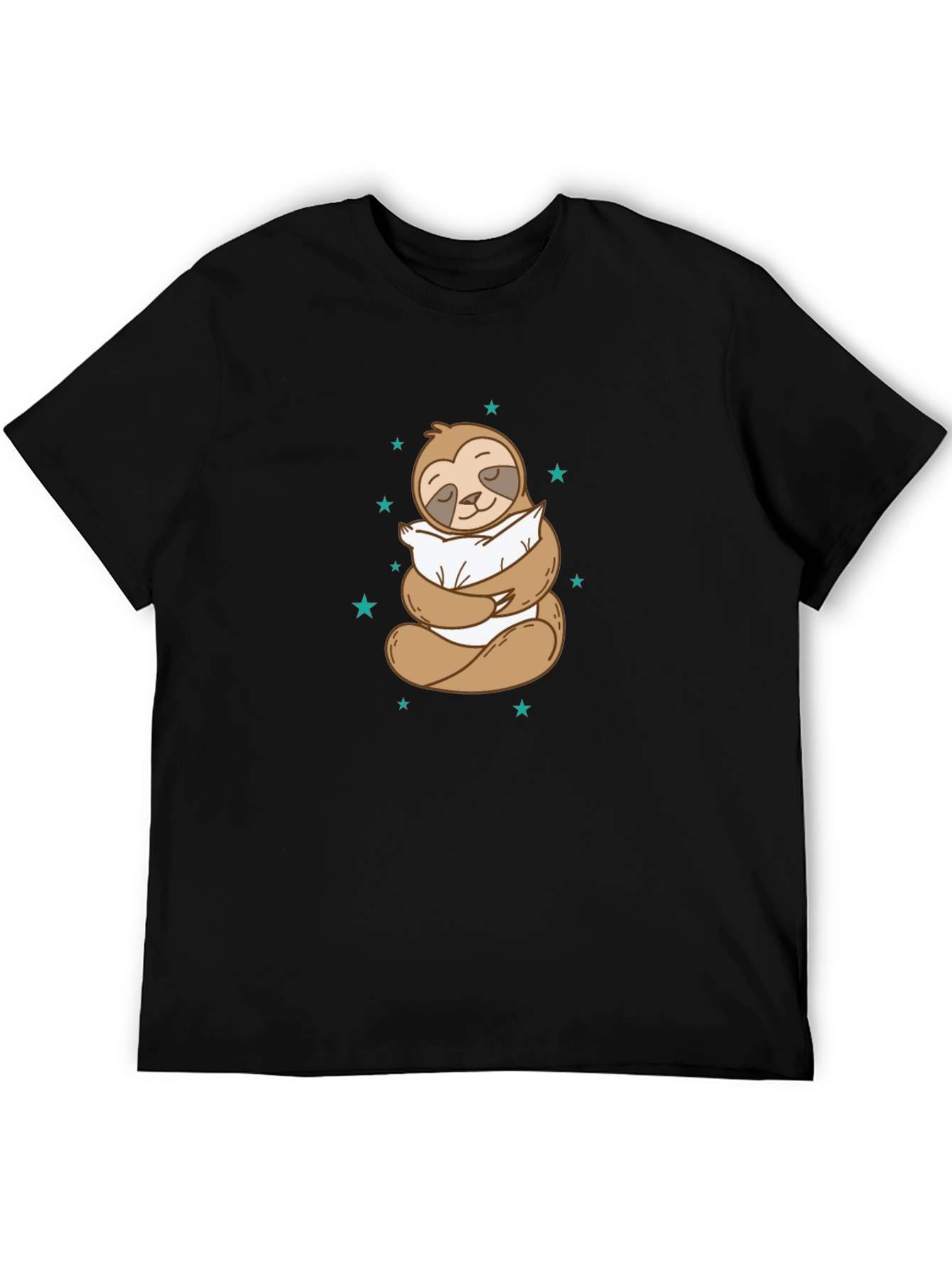 Sloth Hugging Pillow Graphic Black T-Shirt