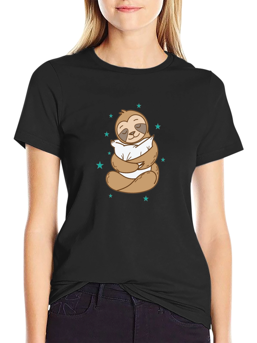 Sloth Hugging Pillow Graphic Black T-Shirt