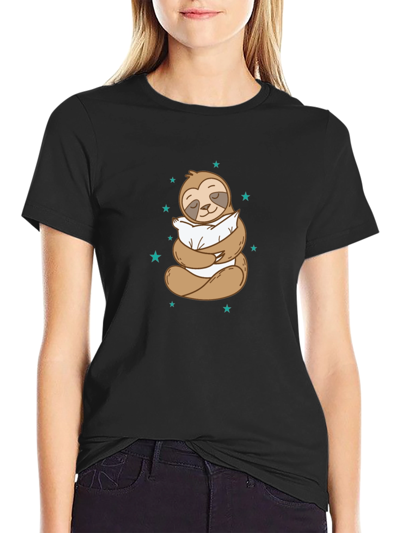Sloth Hugging Pillow Graphic Black T-Shirt