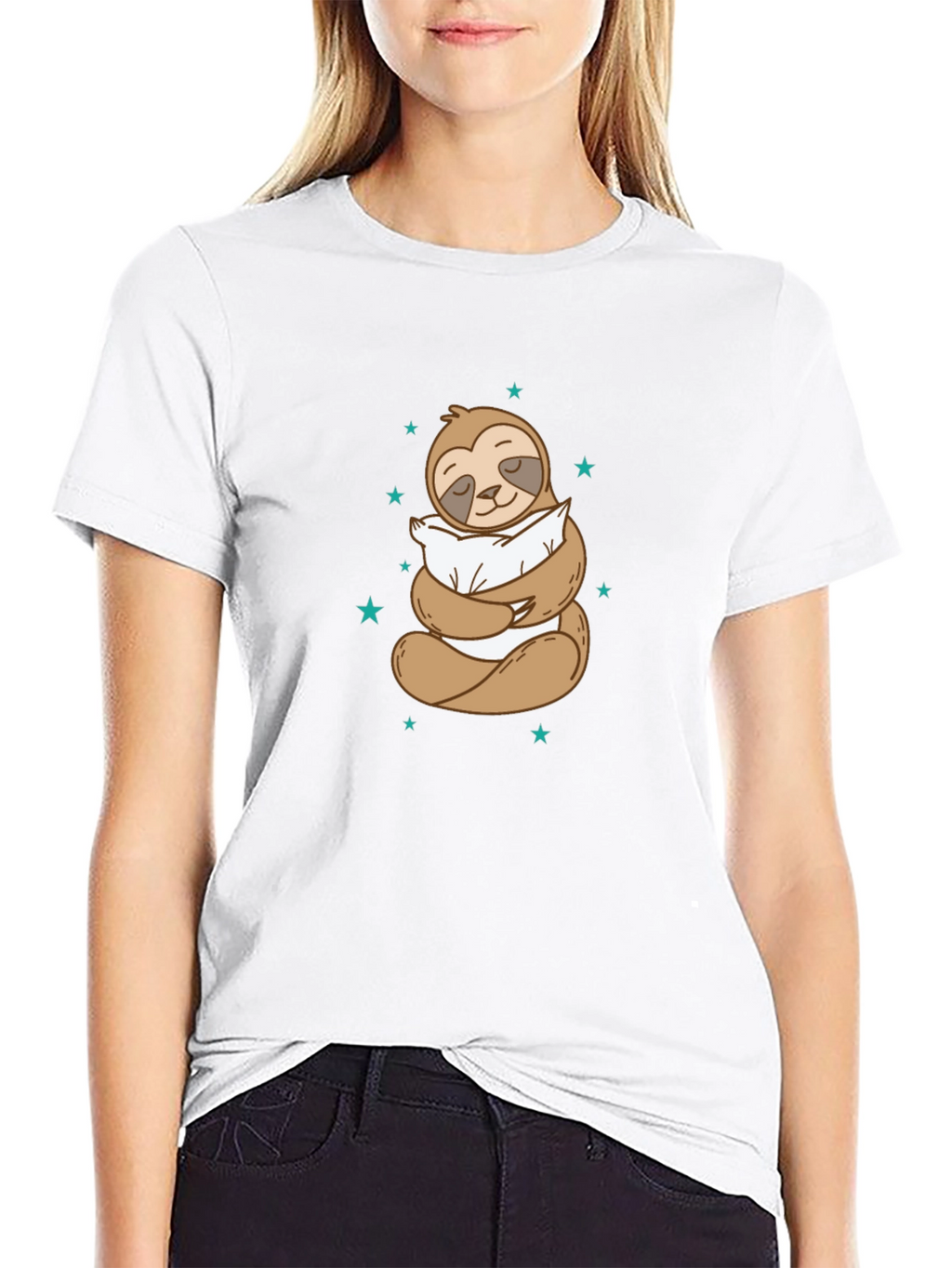 Sloth Hugging Pillow Graphic Black T-Shirt