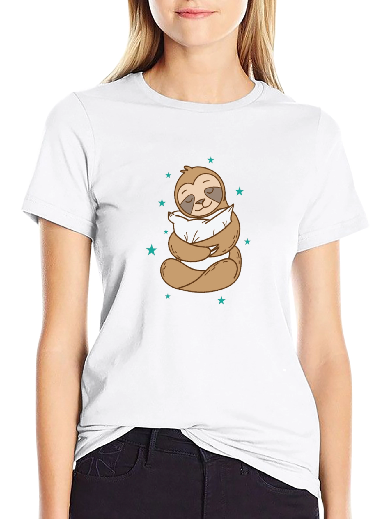 Sloth Hugging Pillow Graphic Black T-Shirt