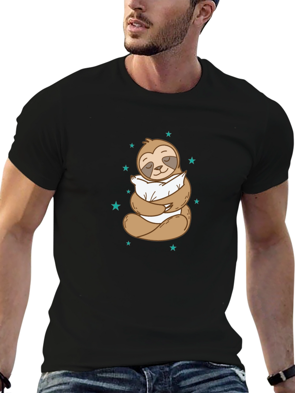 Sloth Hugging Pillow Graphic Black T-Shirt