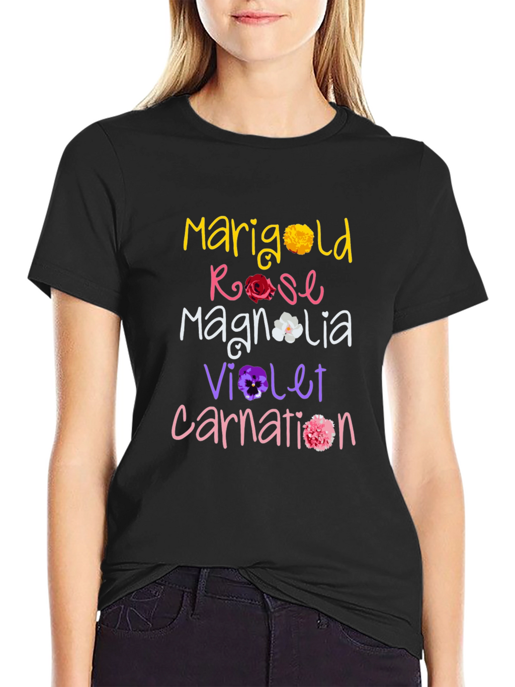 Floral Names T-Shirt: Marigold Rose Magnolia Violet Carnation