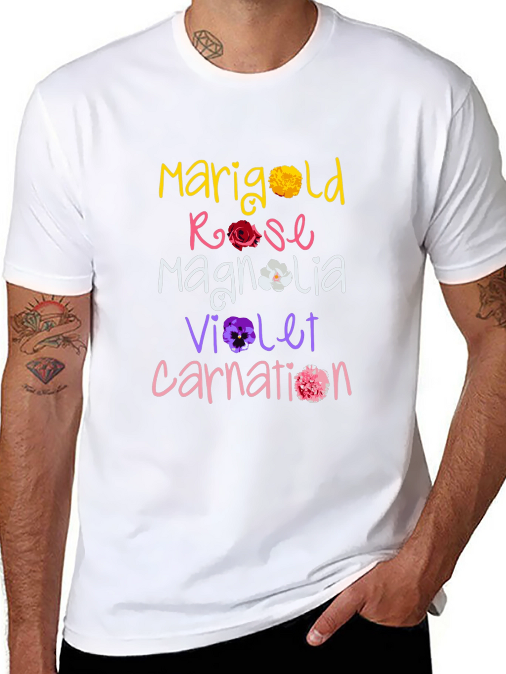 Floral Names T-Shirt: Marigold Rose Magnolia Violet Carnation