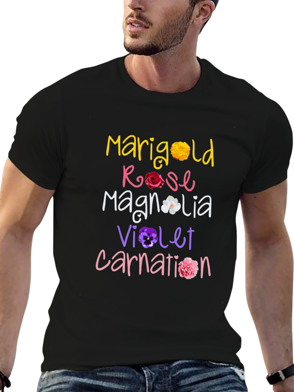 Floral Names T-Shirt: Marigold Rose Magnolia Violet Carnation