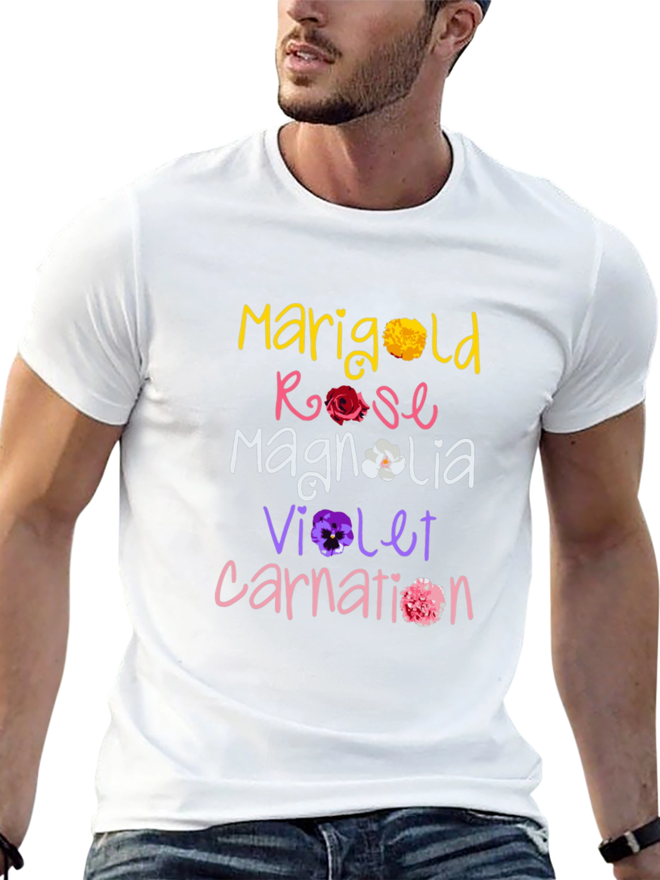Floral Names T-Shirt: Marigold Rose Magnolia Violet Carnation