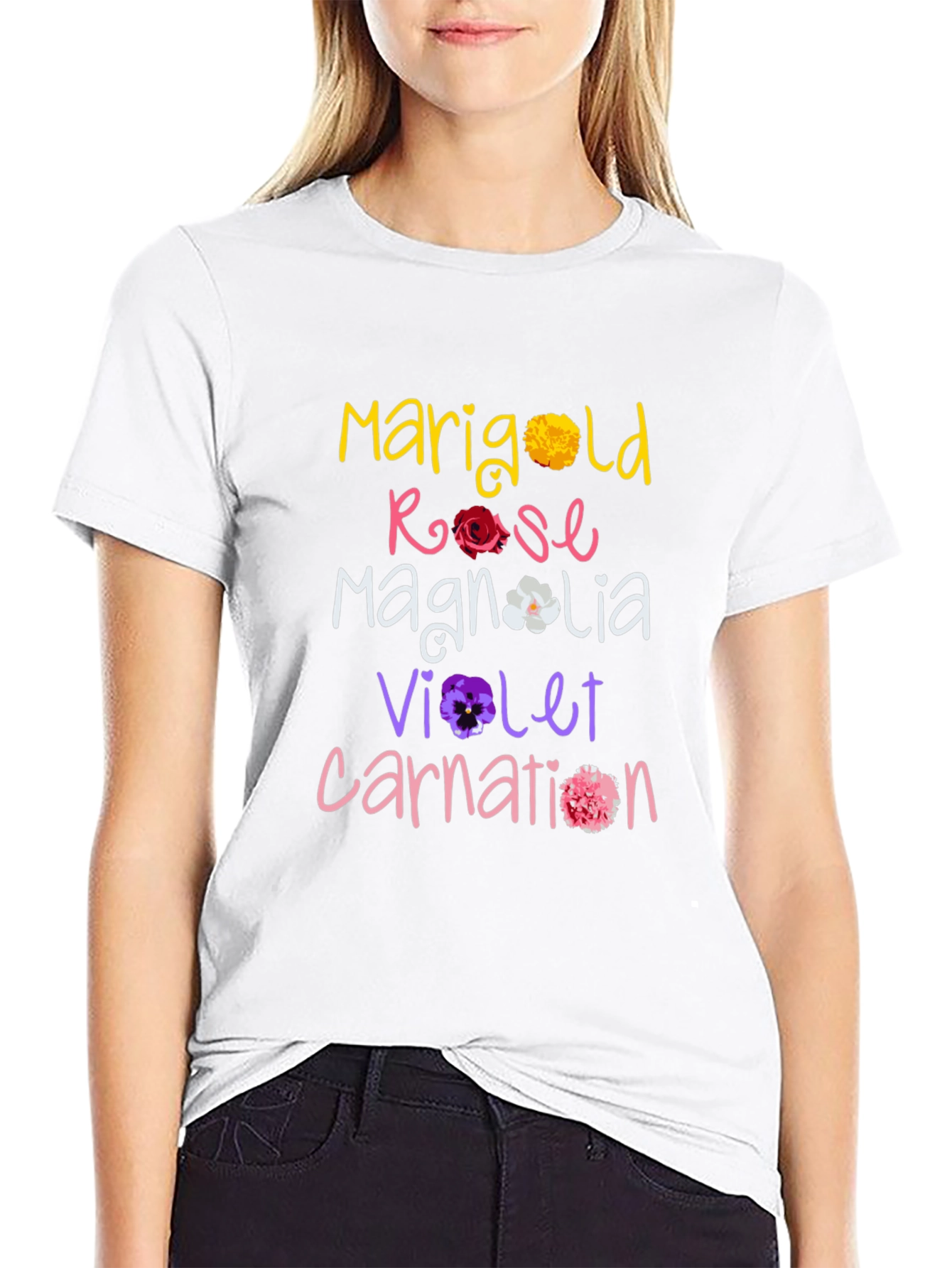 Floral Names T-Shirt: Marigold Rose Magnolia Violet Carnation