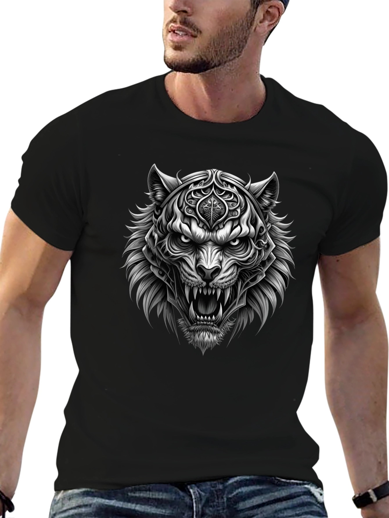 Mens Black Graphic Tee - Fierce Tiger Design