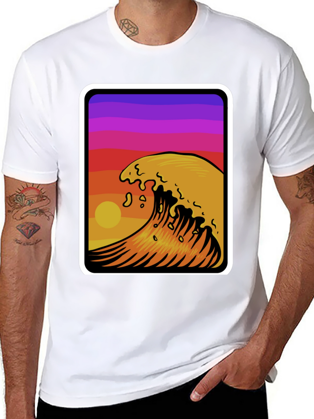 Sunset Wave Graphic Tee - Stylish Black Cotton T-Shirt