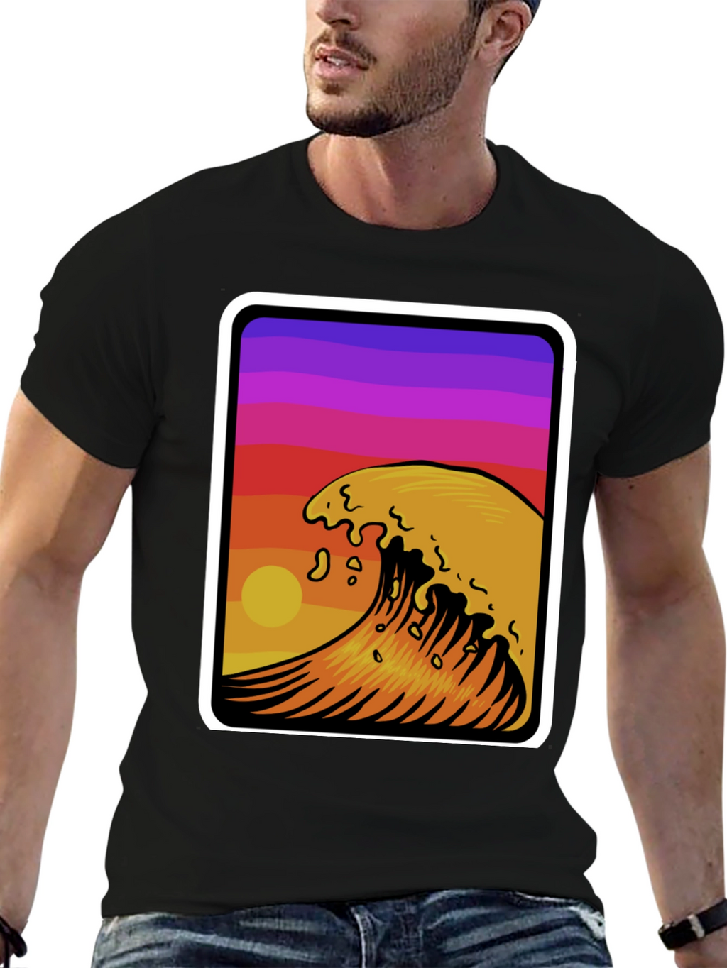 Sunset Wave Graphic Tee - Stylish Black Cotton T-Shirt