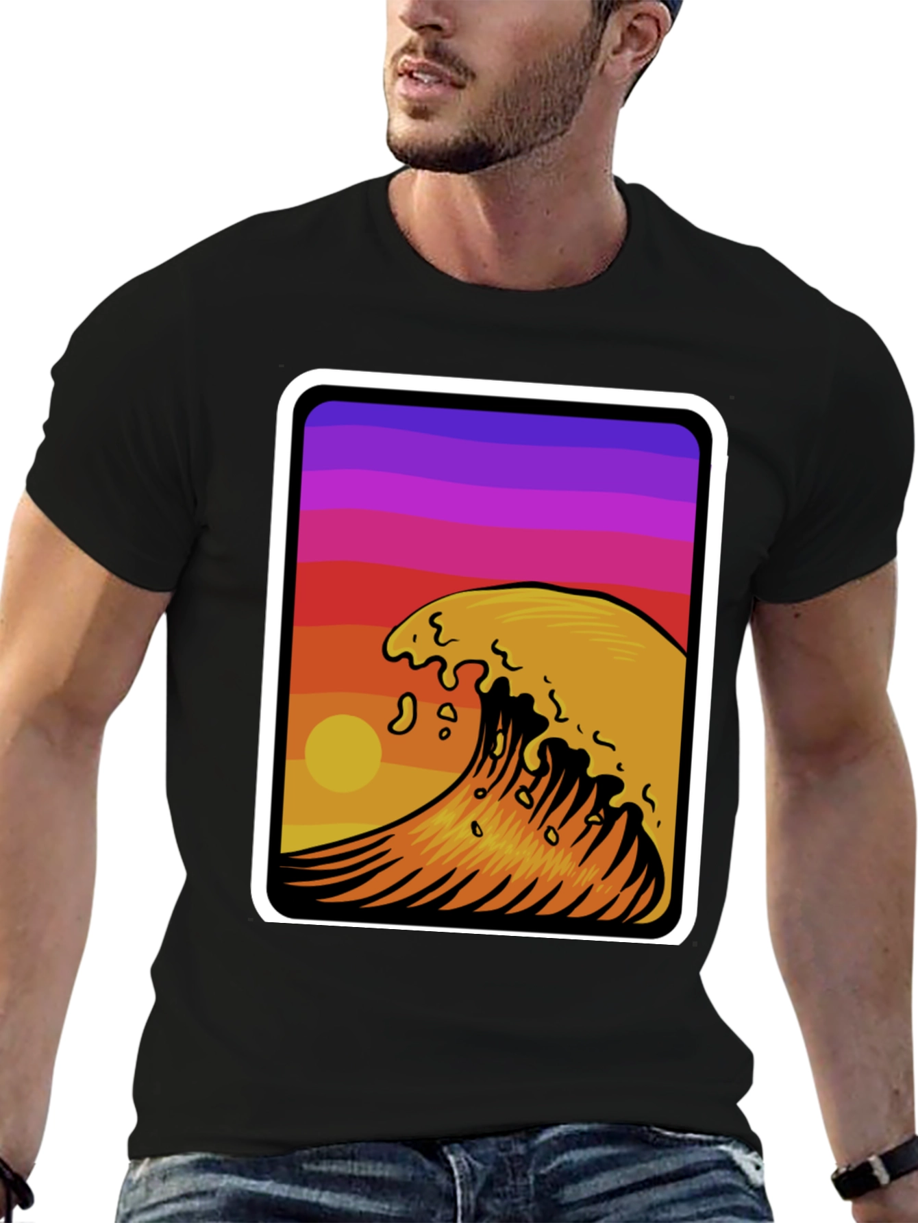 Sunset Wave Graphic Tee - Stylish Black Cotton T-Shirt