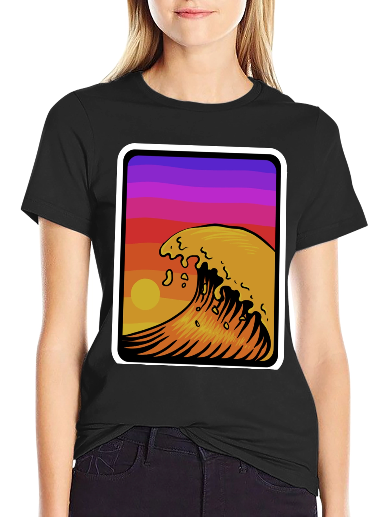 Sunset Wave Graphic Tee - Stylish Black Cotton T-Shirt