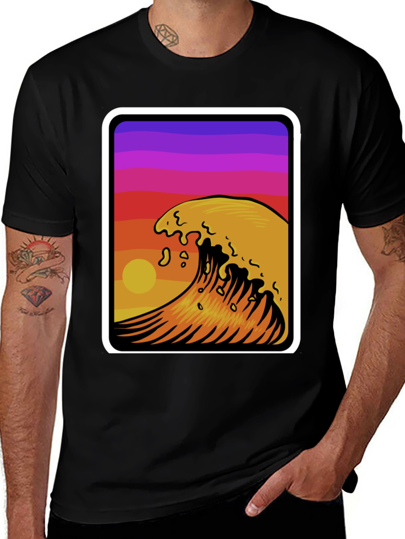 Sunset Wave Graphic Tee - Stylish Black Cotton T-Shirt
