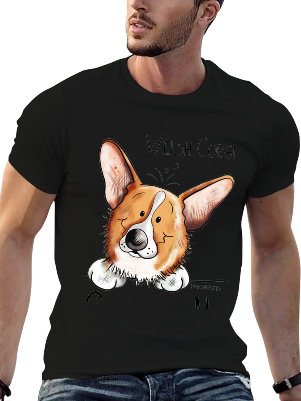Welsh Corgi Cartoon Black T-Shirt