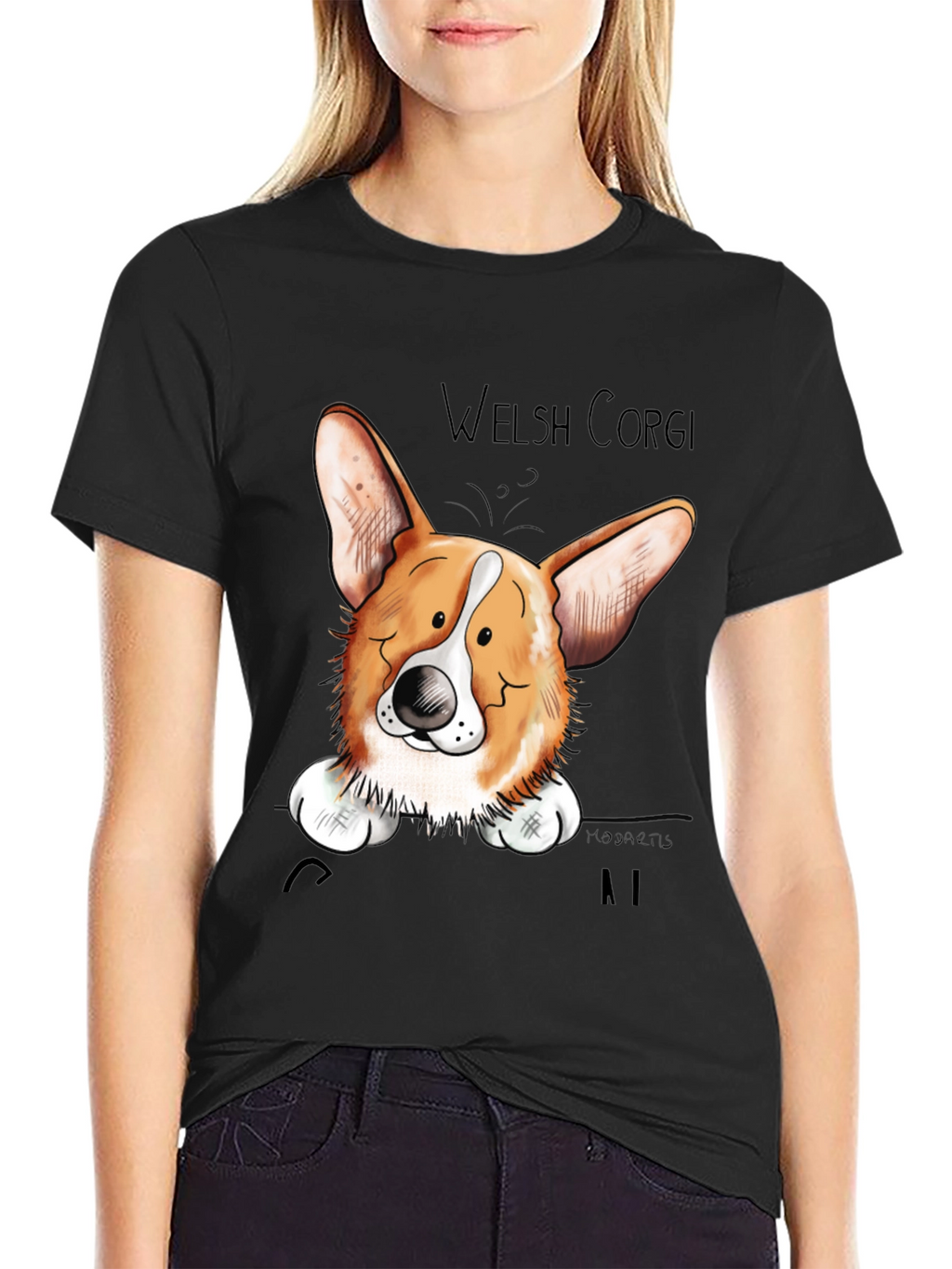 Welsh Corgi Cartoon Black T-Shirt
