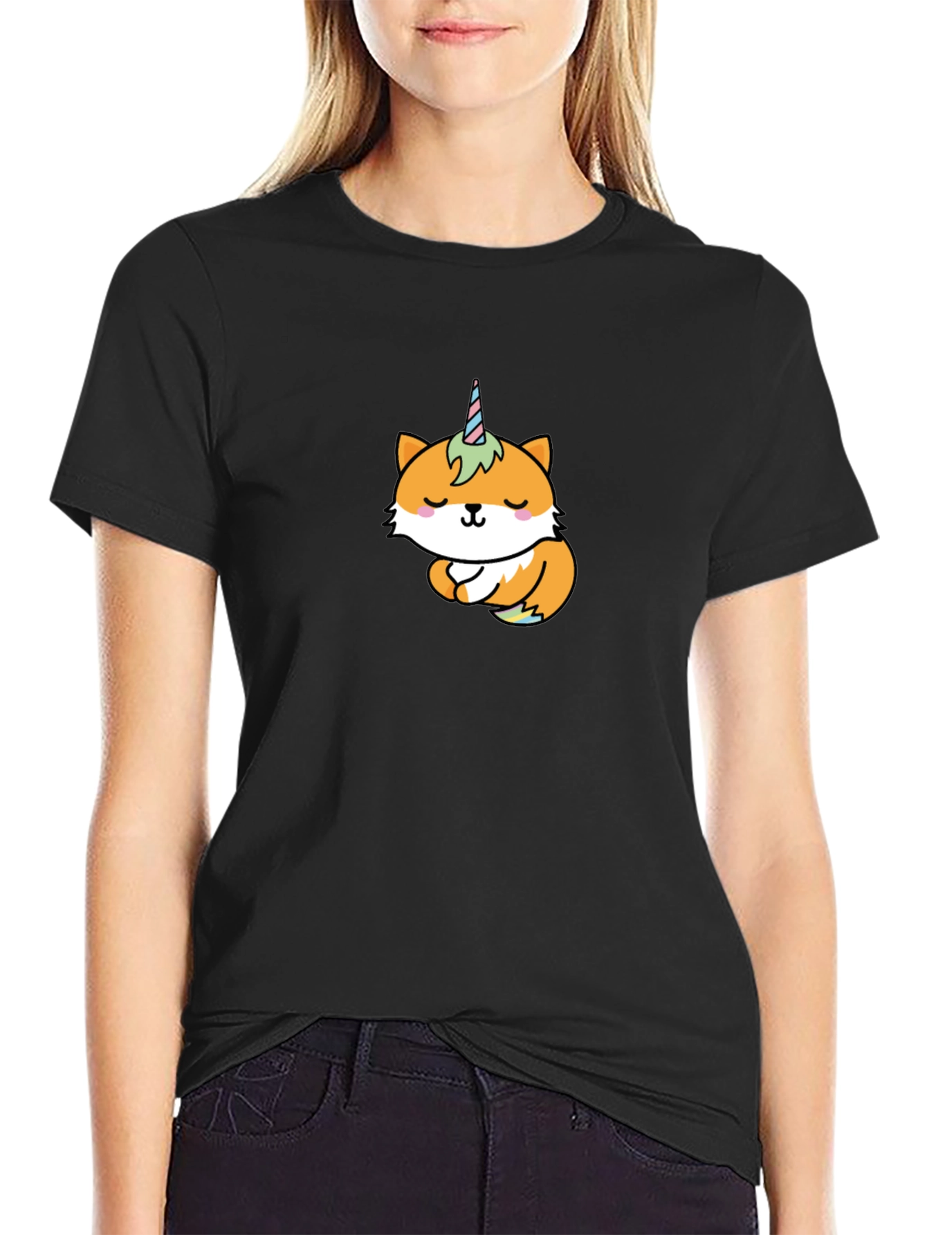 Unicorn Fox Graphic T-Shirt - Black