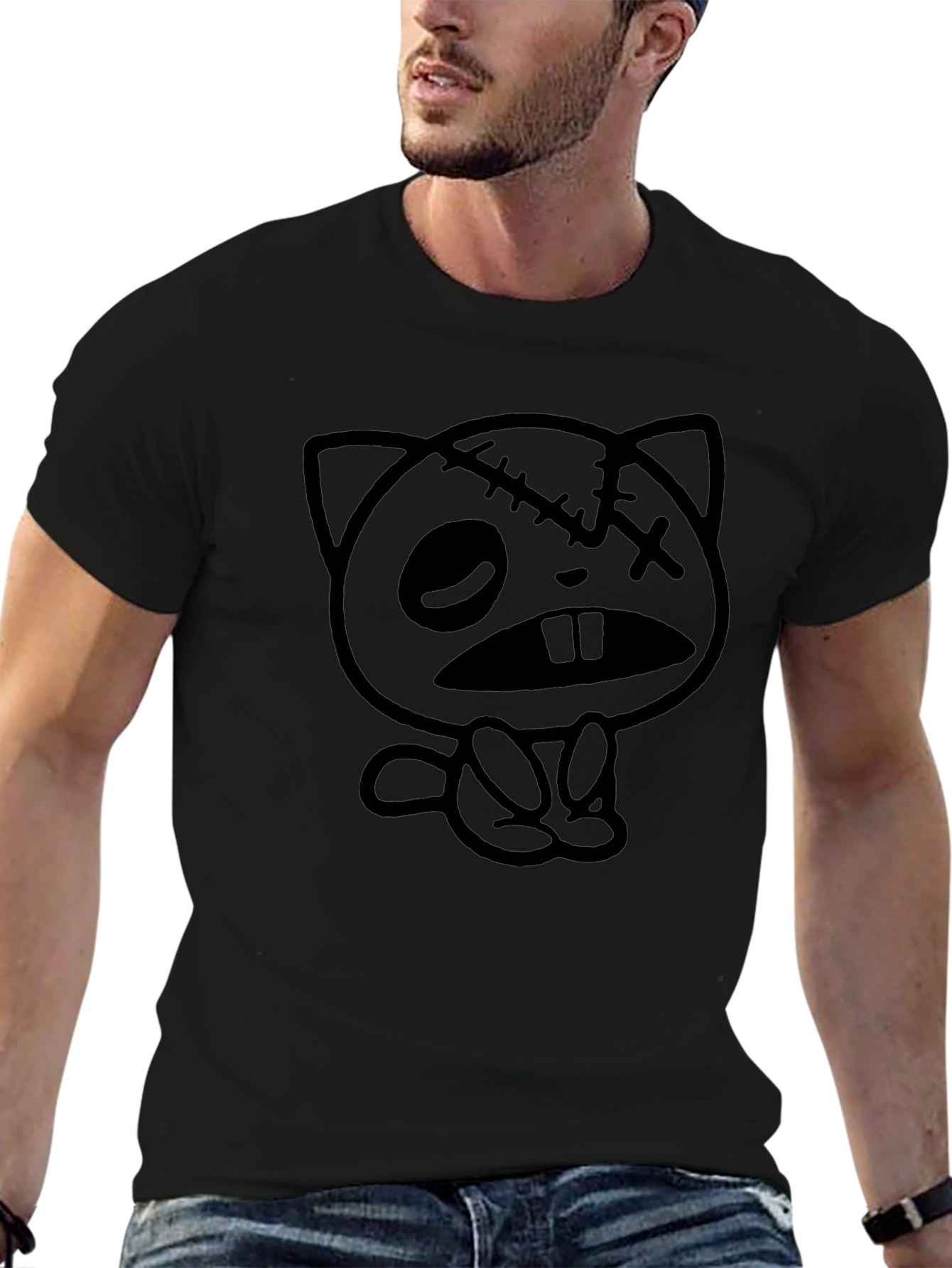 Zombie Cat Graphic Tee - Unisex Black Cotton T-Shirt