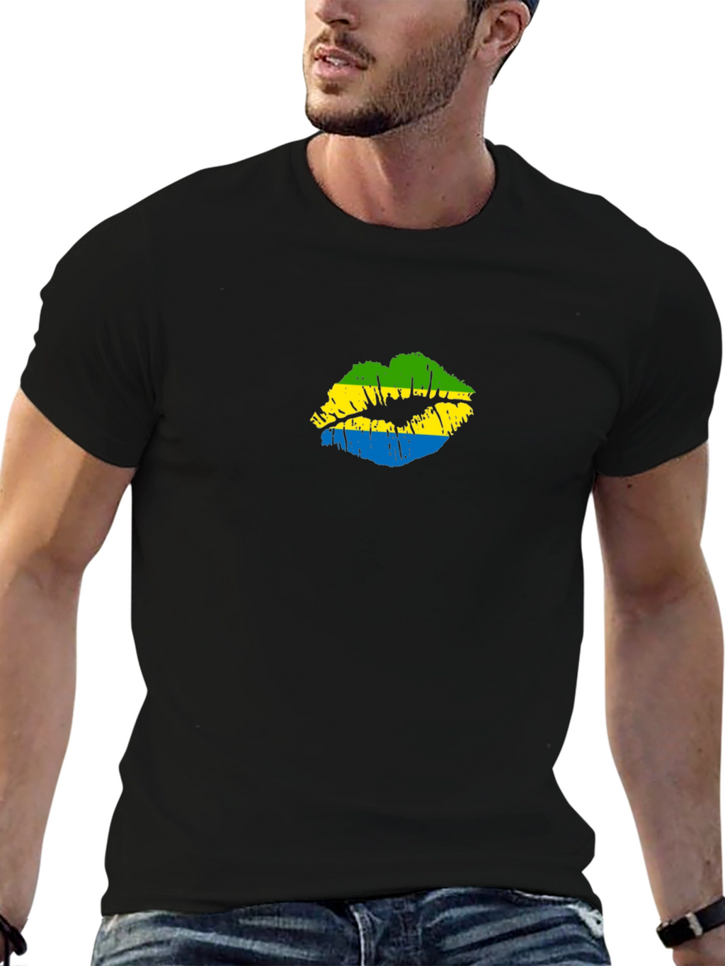 Gabon Flag Lips Black T-Shirt