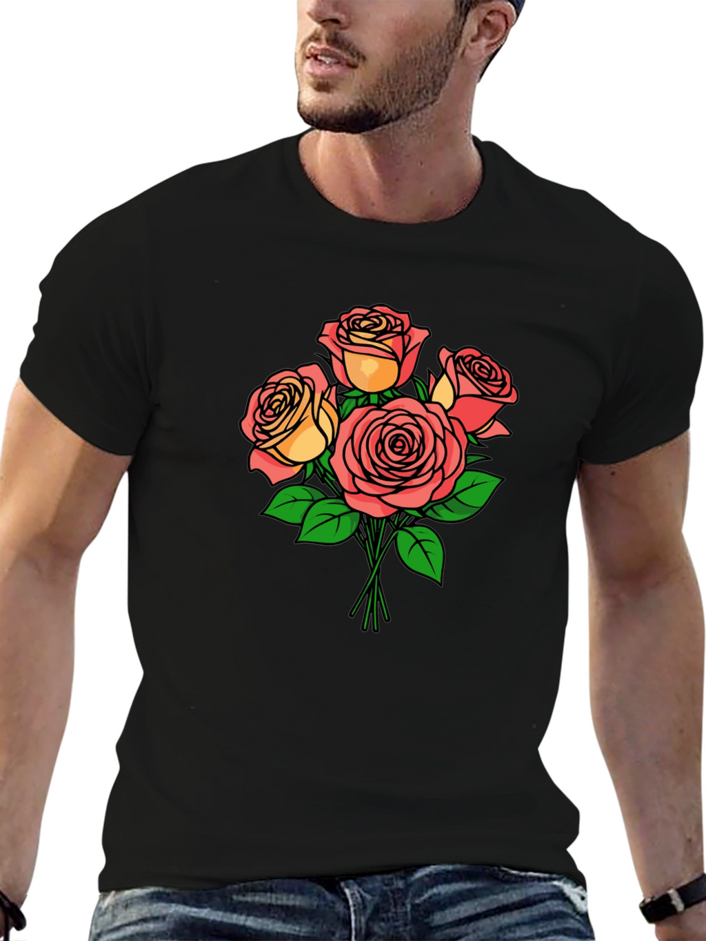 Floral Rose Bouquet Black T-Shirt
