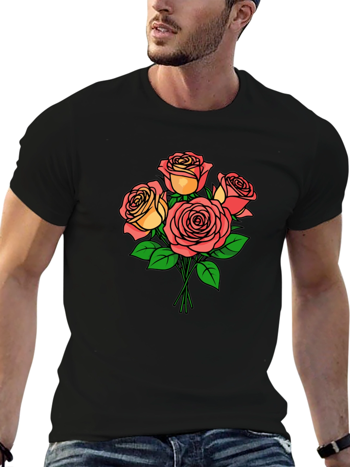 Floral Rose Bouquet Black T-Shirt