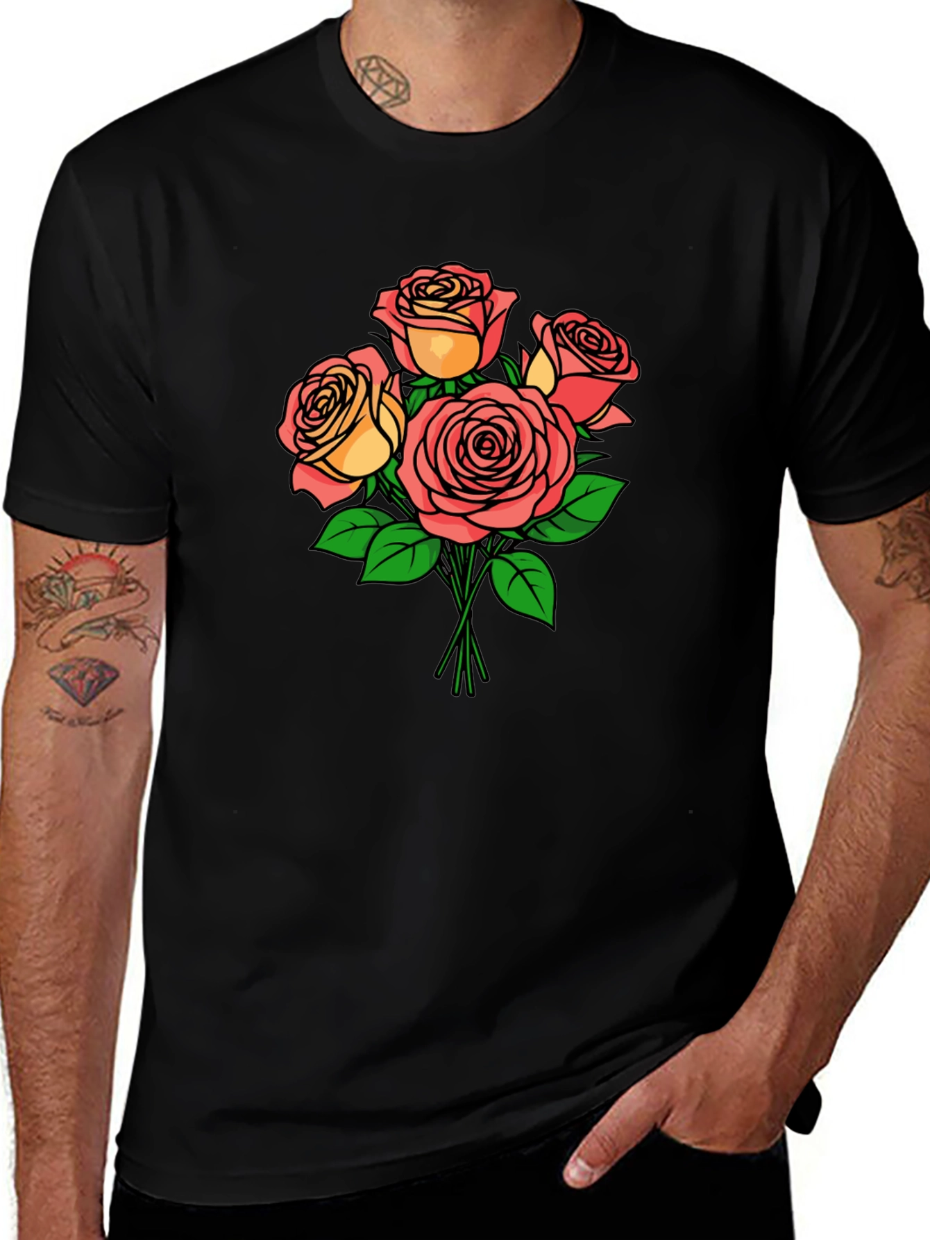 Floral Rose Bouquet Black T-Shirt