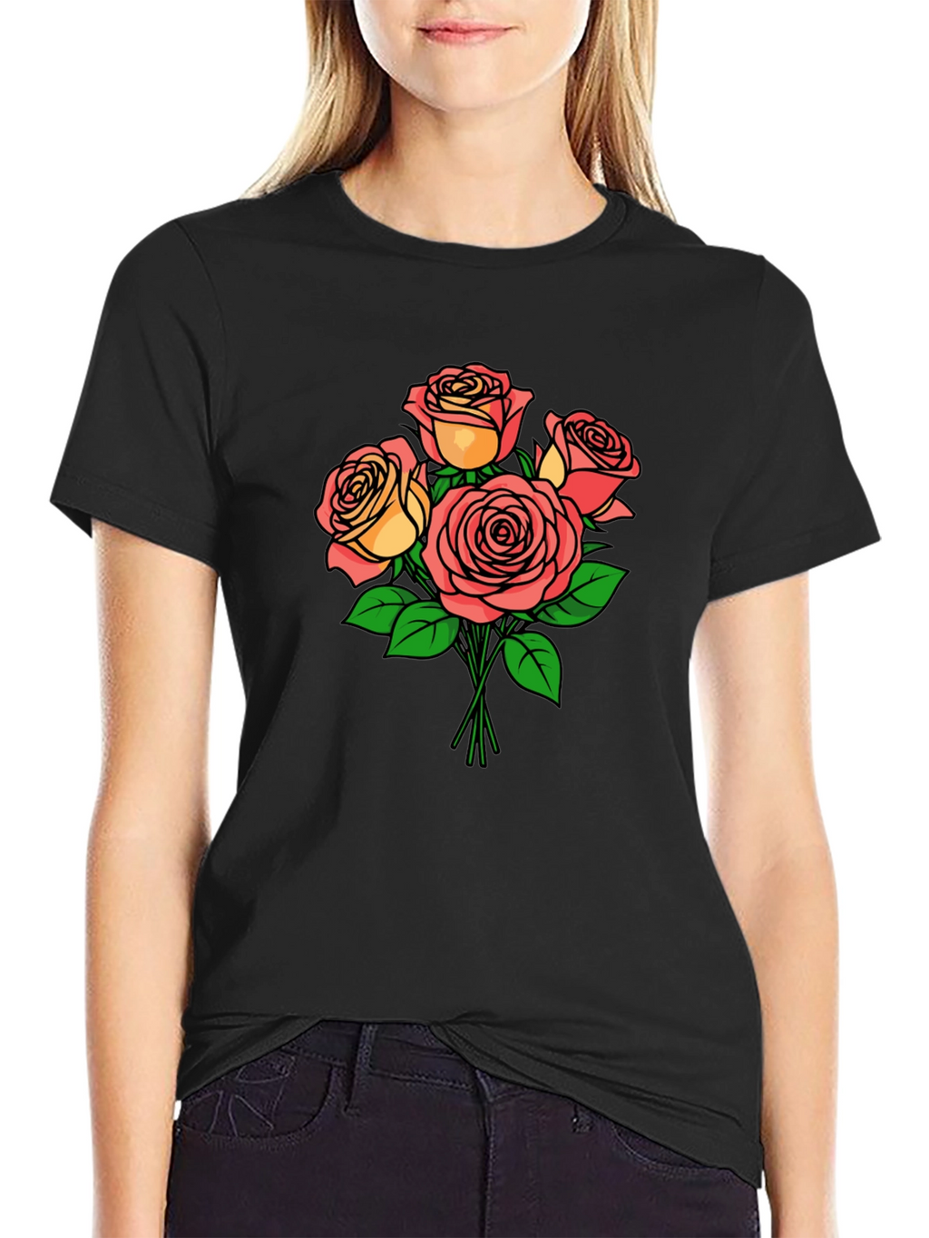 Floral Rose Bouquet Black T-Shirt
