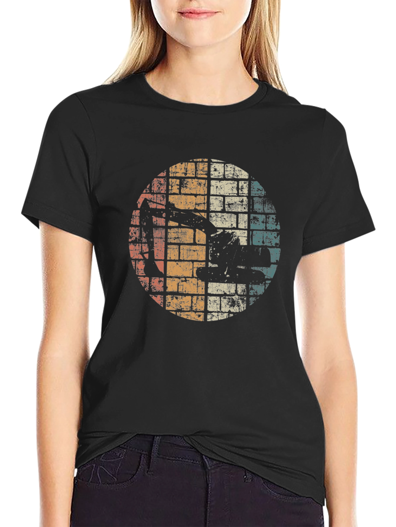 Vintage Excavator Brick Wall Black T-Shirt
