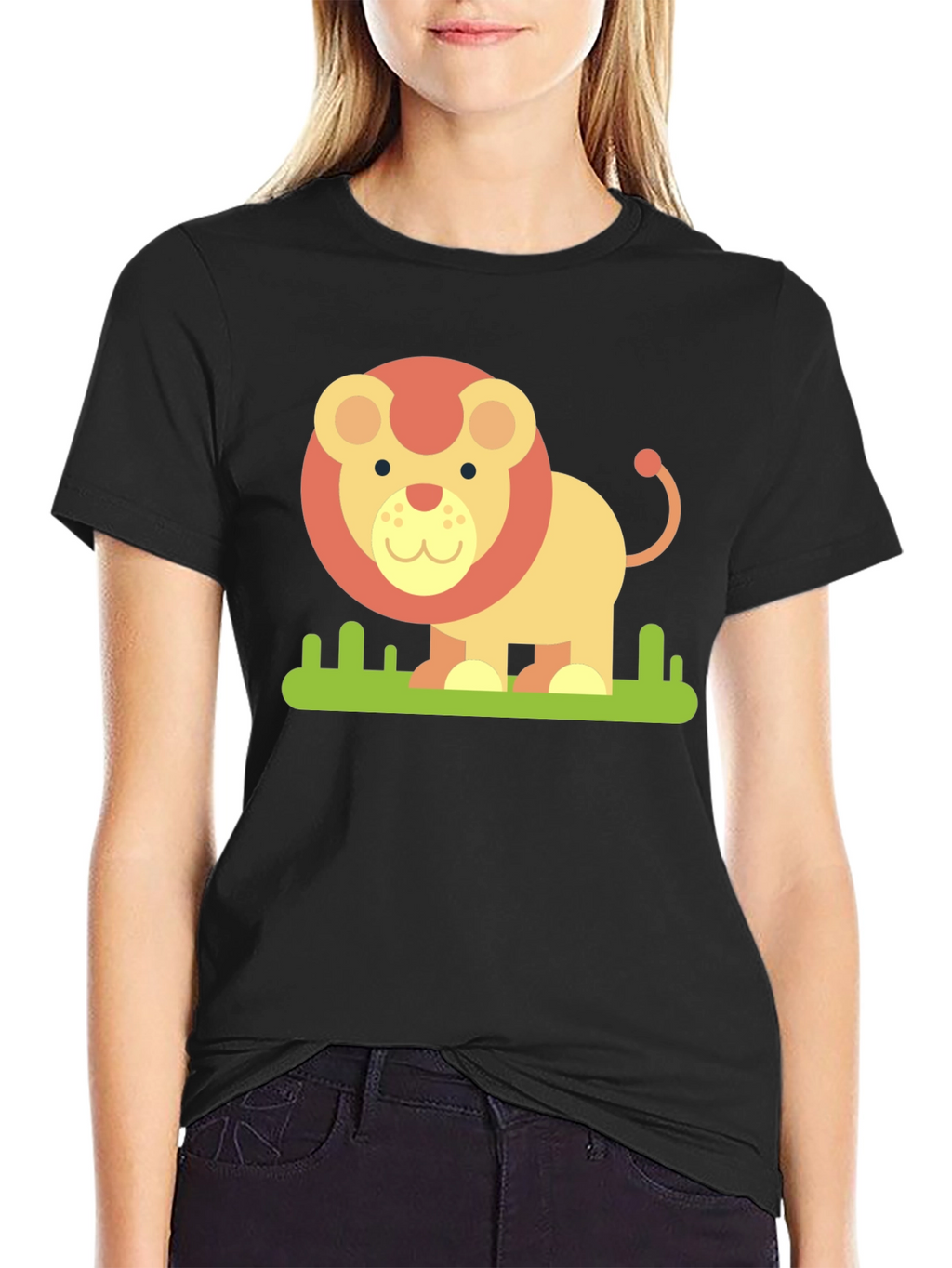 Cute Cartoon Lion Graphic Tee - Black